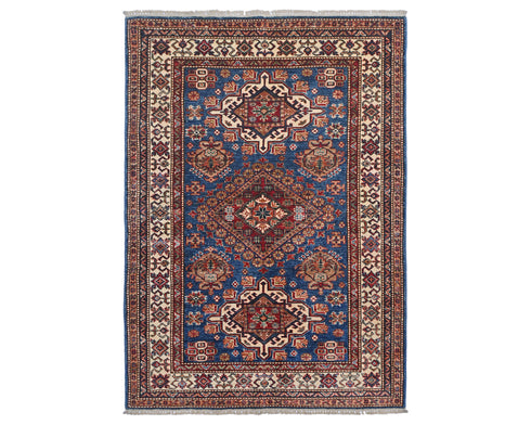 4x6 Ft Blue Kazak Afghan Hand Knotted Traditional Wool Area Rug